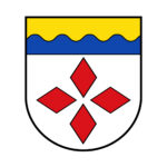 Wappen der Ortsgemeinde Wawern in Rheinland-Pfalz mit vier roten Rauten auf weißem Grund und Wellenbalken in Blau und Gelb – offizielles Gemeindewappen als Symbol regionaler Identität.