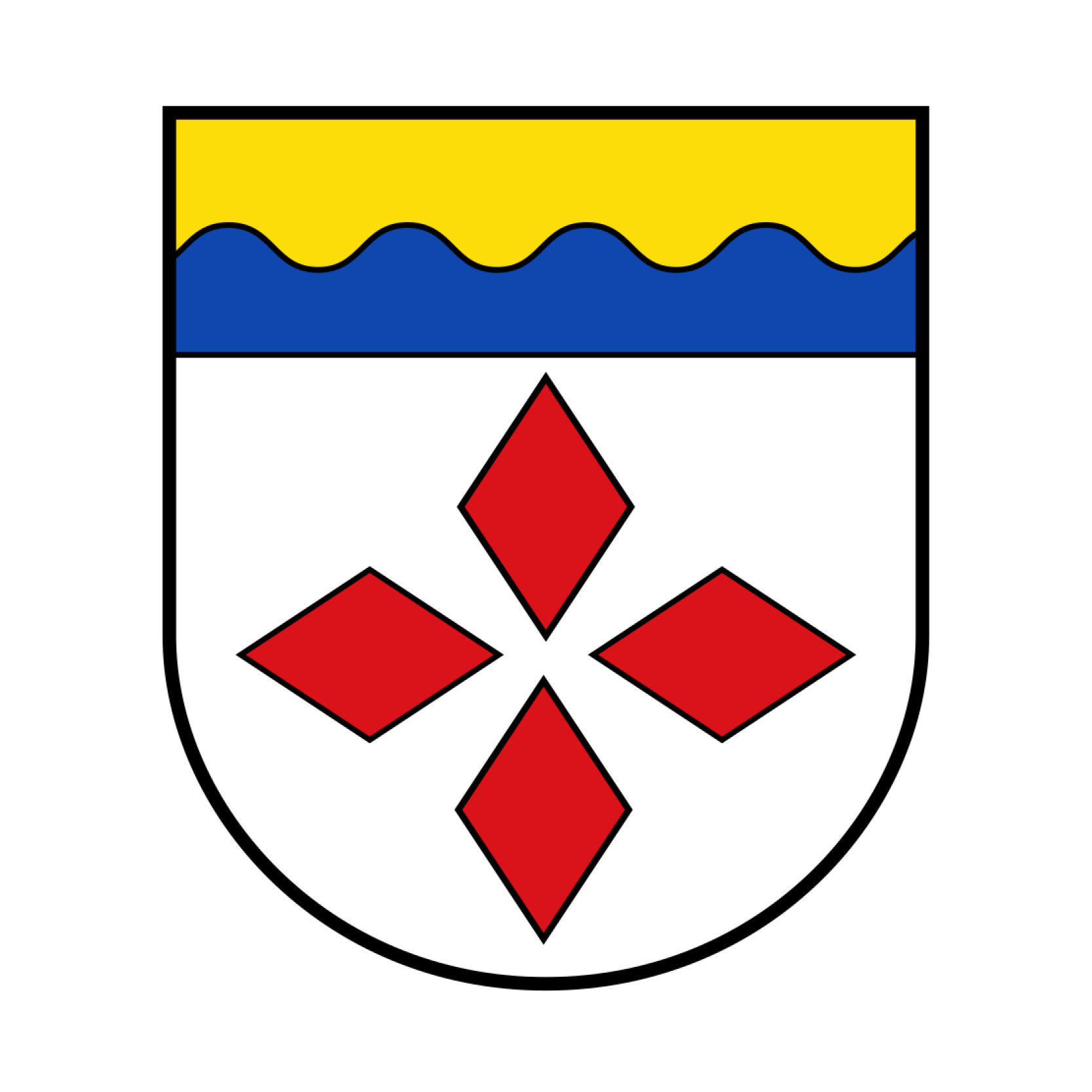 Wappen der Ortsgemeinde Wawern in Rheinland-Pfalz mit vier roten Rauten auf weißem Grund und Wellenbalken in Blau und Gelb – offizielles Gemeindewappen als Symbol regionaler Identität.