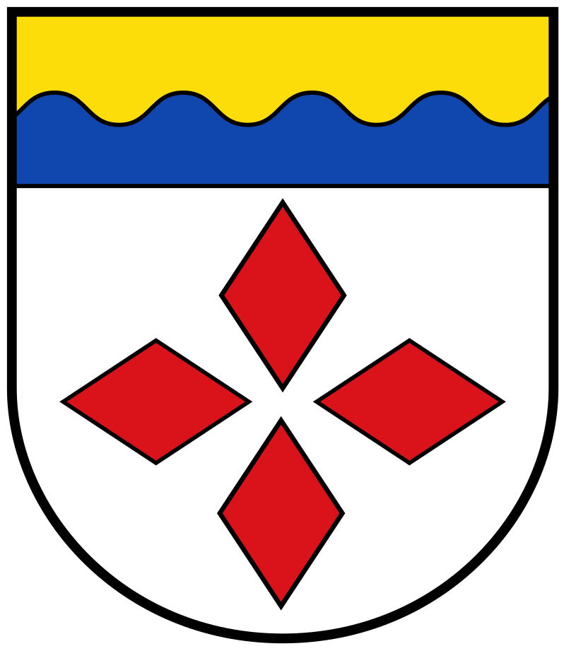 Wappen der Ortsgemeinde Wawern in Rheinland-Pfalz mit vier roten Rauten auf weißem Grund und Wellenbalken in Blau und Gelb – offizielles Gemeindewappen als Symbol regionaler Identität.