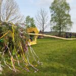 Aufstellen des Maibaums in Wawern – bunt geschmückter Baum mit farbigen Bändern und helfende Dorfbewohner auf einer grünen Wiese bei Frühlingshimmel.