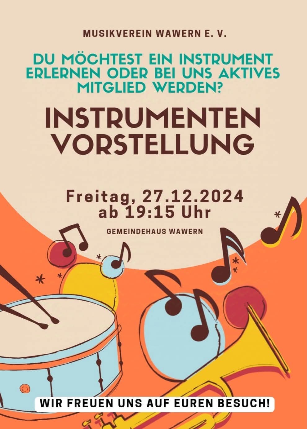 Plakat zur Instrumentenvorstellung des Musikvereins Wawern am 27. Dezember 2024 im Gemeindehaus – Einladung für neue Mitglieder und Musikinteressierte mit bunten Illustrationen von Musikinstrumenten und Noten.