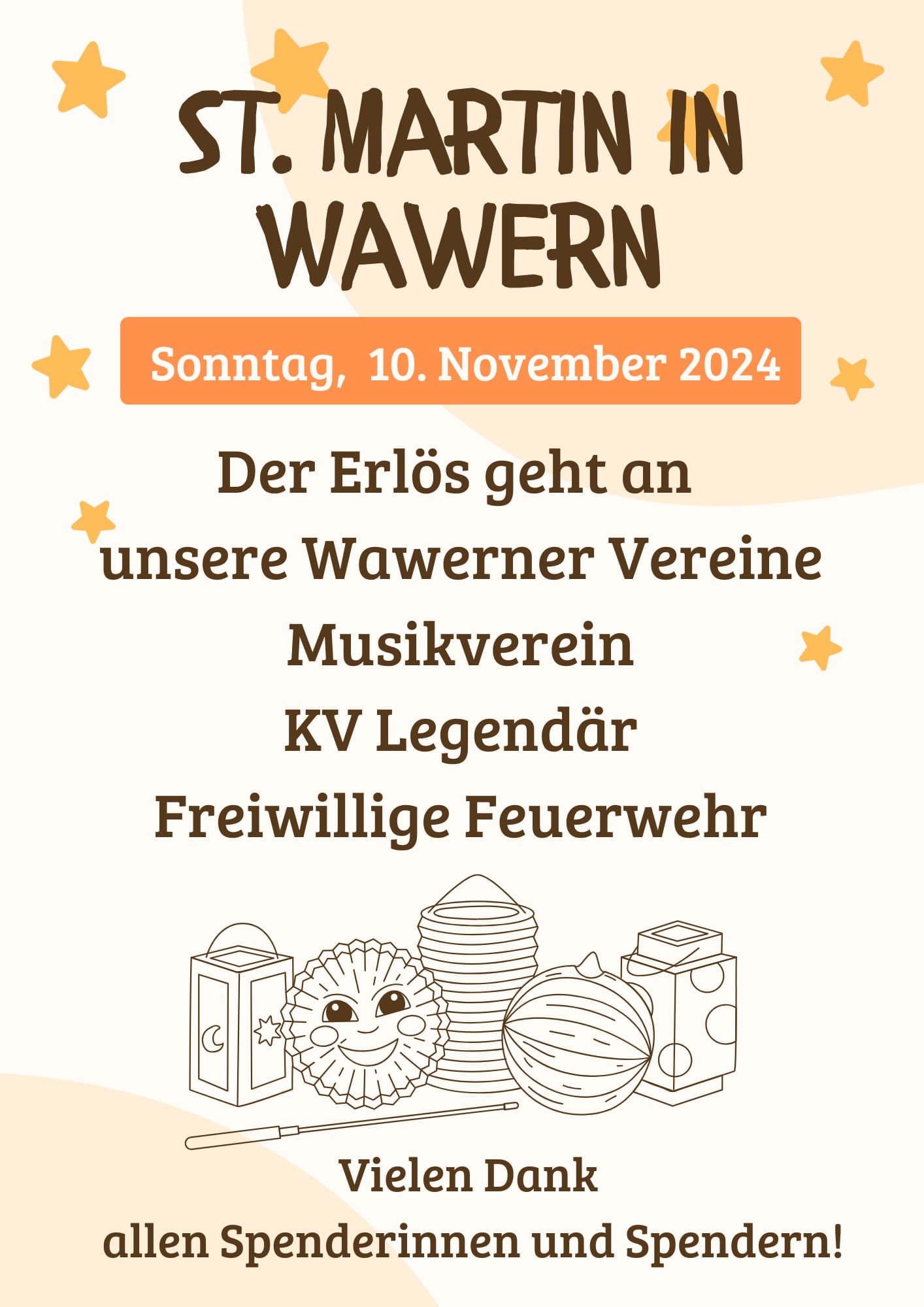 Plakat zur St. Martinsfeier in Wawern am 10. November 2024 – mit Hinweis auf den Benefizzweck zugunsten der Wawerner Vereine Musikverein, KV Legendär und Freiwillige Feuerwehr, gestaltet mit Laternen und Sternen.