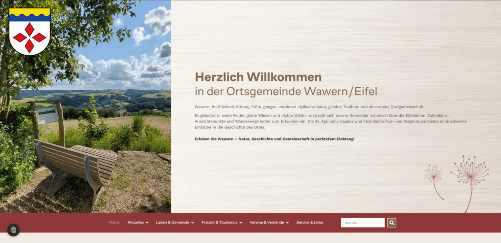 Startseite der Ortsgemeinde Wawern in der Eifel mit Willkommensgruß, Panoramablick über die Eifellandschaft, Naturbank mit Infotafel, Gemeindewappen und Navigation zu aktuellen Themen, Gemeindeinfos, Tourismus, Vereinen und Serviceangeboten.