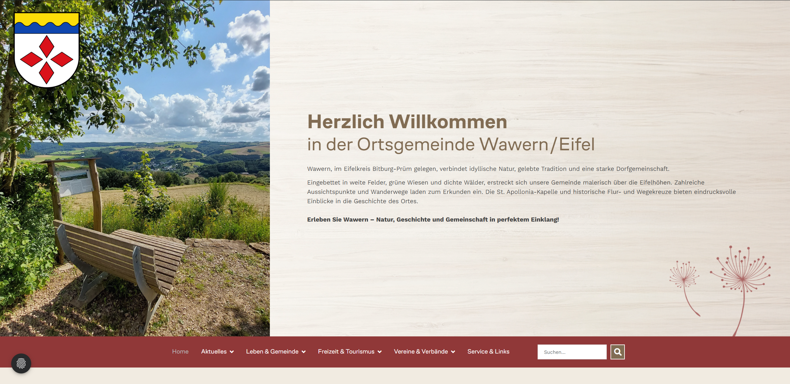 Startseite der Ortsgemeinde Wawern in der Eifel mit Willkommensgruß, Panoramablick über die Eifellandschaft, Naturbank mit Infotafel, Gemeindewappen und Navigation zu aktuellen Themen, Gemeindeinfos, Tourismus, Vereinen und Serviceangeboten.