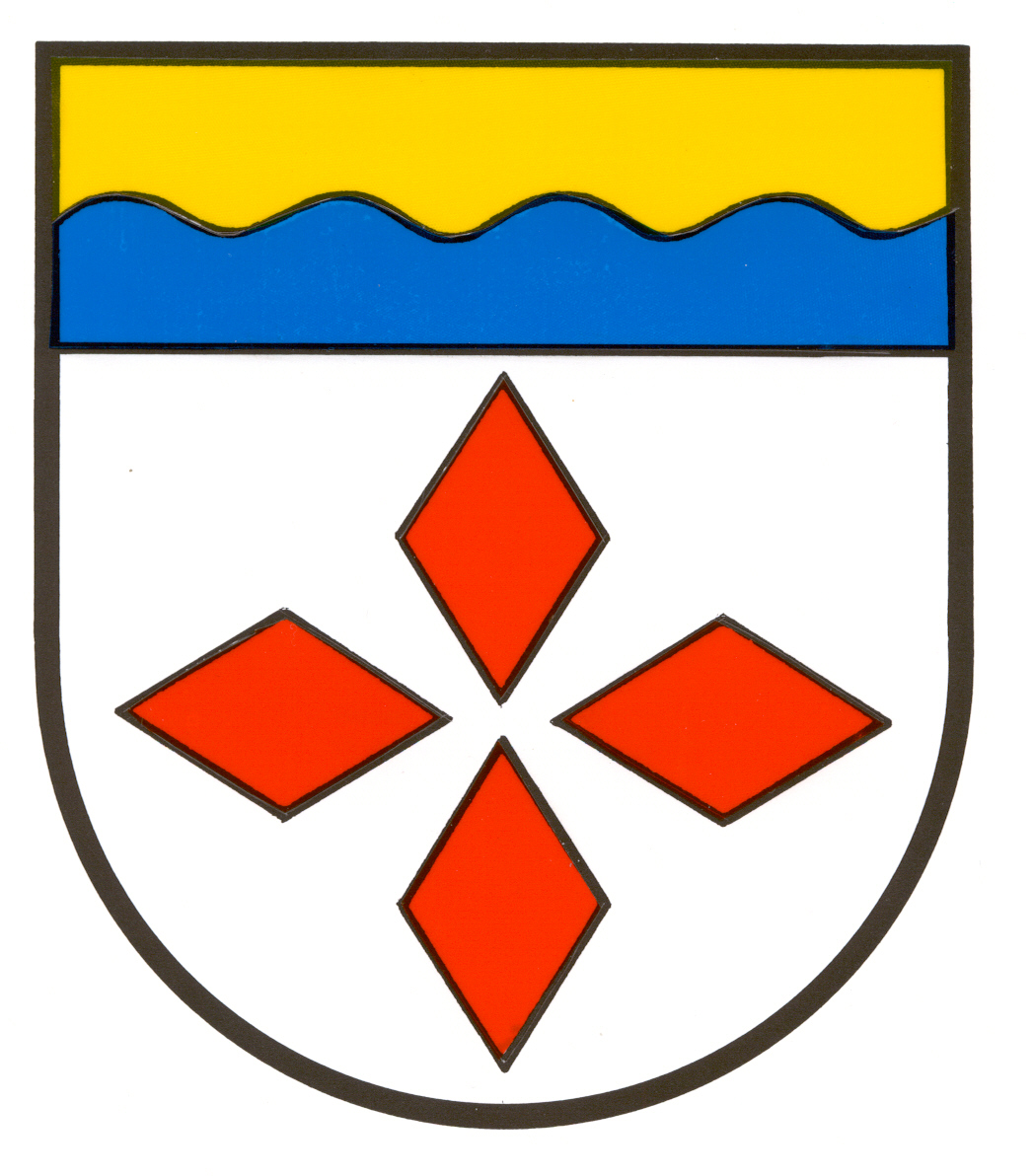 Wappen der Ortsgemeinde Wawern in Rheinland-Pfalz mit vier roten Rauten auf weißem Grund und Wellenbalken in Blau und Gelb – offizielles Gemeindewappen als Symbol regionaler Identität.